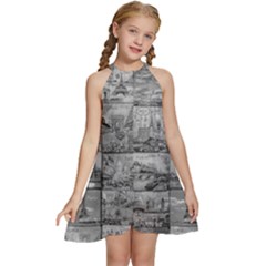 Paris Souvenirs Black And White Pattern Kids  Halter Collar Waist Tie Chiffon Dress by dflcprintsclothing