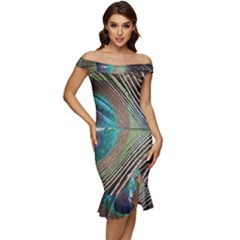 Peacock Off Shoulder Ruffle Split Hem Bodycon Dress