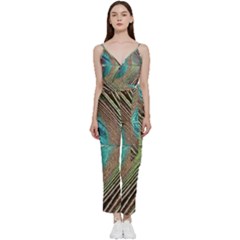 Peacock V-neck Spaghetti Strap Tie Front Jumpsuit