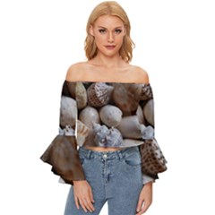 Beautiful Seashells  Off Shoulder Flutter Bell Sleeve Top