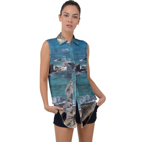 Isla Mujeres Mexico Sleeveless Chiffon Button Shirt by StarvingArtisan