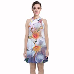 Daisy Painting  Velvet Halter Neckline Dress 