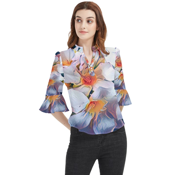 Daisy Painting  Loose Horn Sleeve Chiffon Blouse