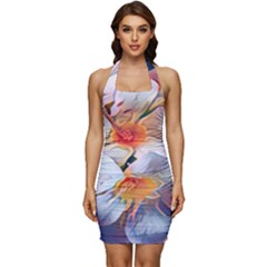 Daisy Painting  Sleeveless Wide Square Neckline Ruched Bodycon Dress