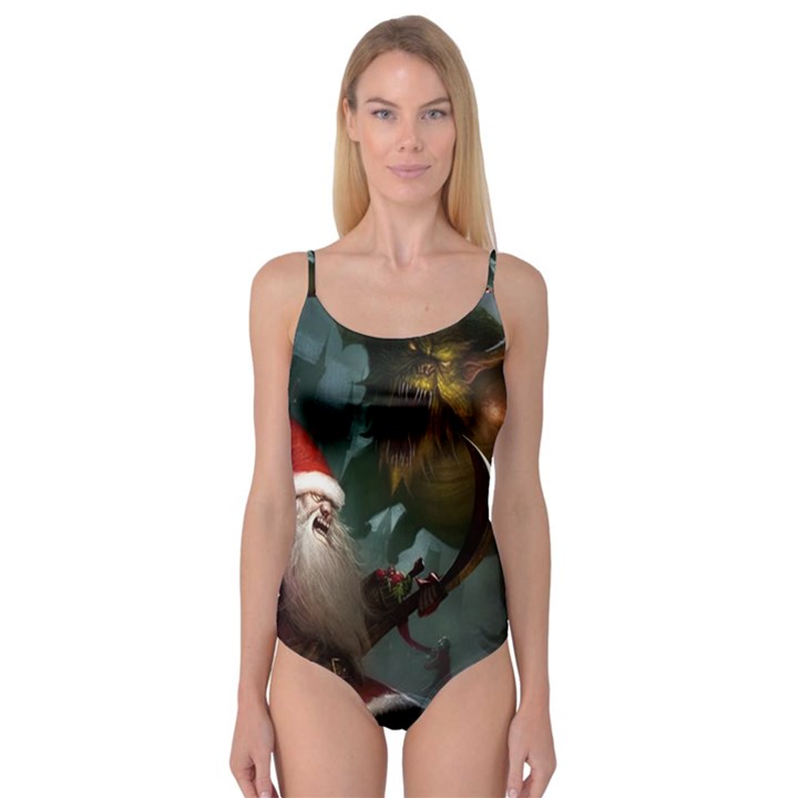 A Santa Claus Standing In Front Of A Dragon Camisole Leotard 