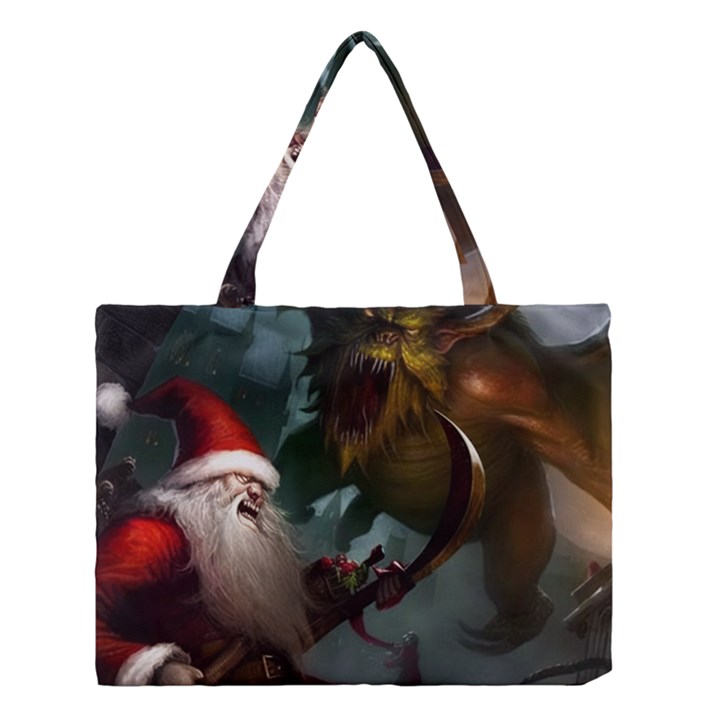 A Santa Claus Standing In Front Of A Dragon Medium Tote Bag