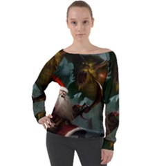 A Santa Claus Standing In Front Of A Dragon Off Shoulder Long Sleeve Velour Top