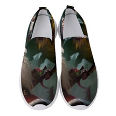 A Santa Claus Standing In Front Of A Dragon Women s Slip On Sneakers by bobilostore