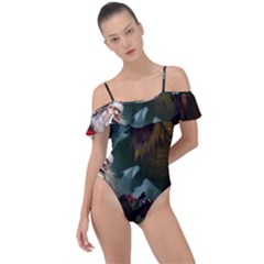 A Santa Claus Standing In Front Of A Dragon Frill Detail One Piece Swimsuit by bobilostore