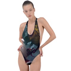 A Santa Claus Standing In Front Of A Dragon Backless Halter One Piece Swimsuit