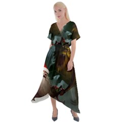 A Santa Claus Standing In Front Of A Dragon Cross Front Sharkbite Hem Maxi Dress by bobilostore