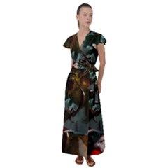 A Santa Claus Standing In Front Of A Dragon Flutter Sleeve Maxi Dress by bobilostore