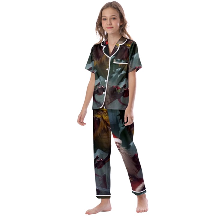 A Santa Claus Standing In Front Of A Dragon Kids  Satin Short Sleeve Pajamas Set