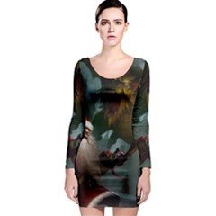 A Santa Claus Standing In Front Of A Dragon Low Long Sleeve Bodycon Dress by EmporiumofGoods