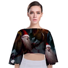 A Santa Claus Standing In Front Of A Dragon Low Tie Back Butterfly Sleeve Chiffon Top by EmporiumofGoods