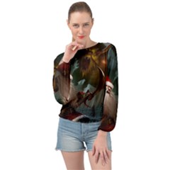 A Santa Claus Standing In Front Of A Dragon Low Banded Bottom Chiffon Top by EmporiumofGoods