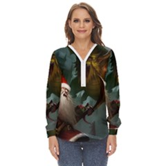 A Santa Claus Standing In Front Of A Dragon Low Zip Up Long Sleeve Blouse