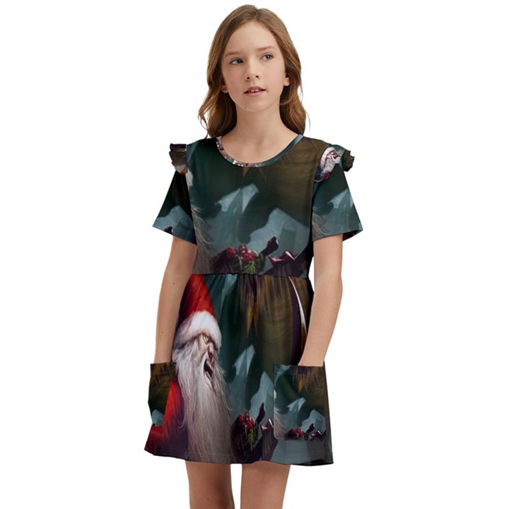 A Santa Claus Standing In Front Of A Dragon Low Kids  Frilly Sleeves Pocket Dress