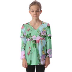 Shabby Chic Floral  Kids  V Neck Casual Top