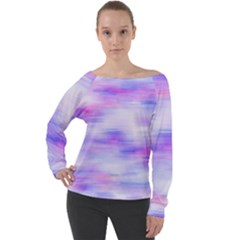 Bright Colored Stain Abstract Pattern Off Shoulder Long Sleeve Velour Top