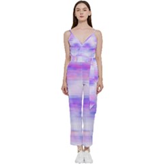 Bright Colored Stain Abstract Pattern V-neck Spaghetti Strap Tie Front Jumpsuit by dflcprintsclothing