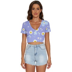 Daisy Flowers Blue White Yellow Lavender V-neck Crop Top by Mazipoodles