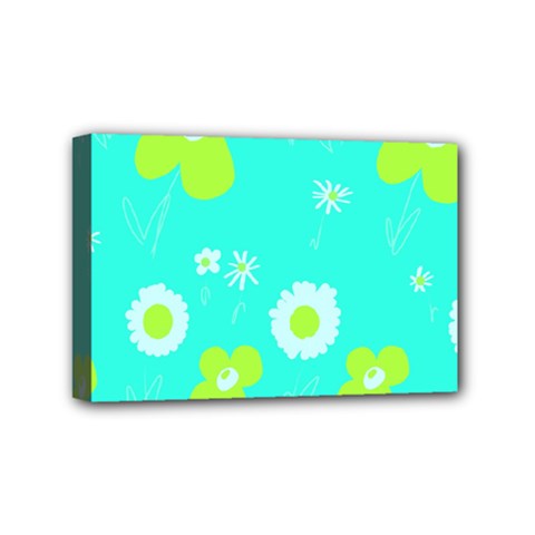 Daisy Flowers Lime Green White Turquoise  Mini Canvas 6  X 4  (stretched) by Mazipoodles