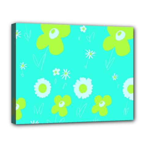 Daisy Flowers Lime Green White Turquoise  Canvas 14  X 11  (stretched) by Mazipoodles