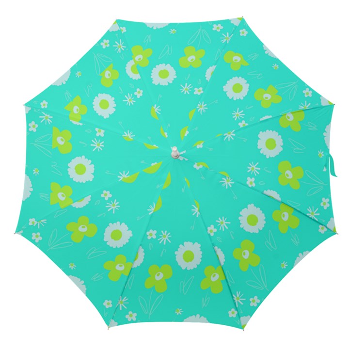 Daisy Flowers Lime Green White Turquoise  Straight Umbrellas