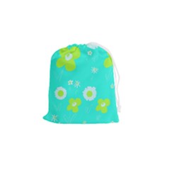 Daisy Flowers Lime Green White Turquoise  Drawstring Pouch (small) by Mazipoodles