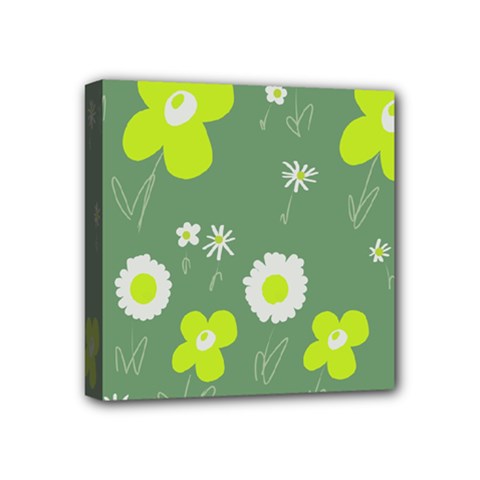 Daisy Flowers Lime Green White Forest Green  Mini Canvas 4  X 4  (stretched) by Mazipoodles