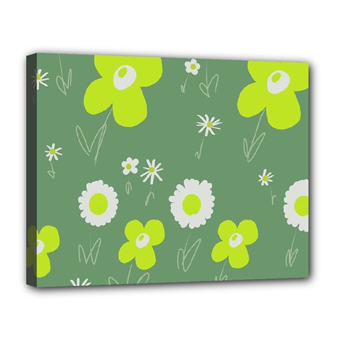 Daisy Flowers Lime Green White Forest Green  Canvas 14  X 11  (stretched) by Mazipoodles