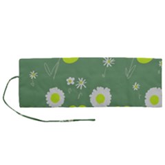 Daisy Flowers Lime Green White Forest Green  Roll Up Canvas Pencil Holder (m) by Mazipoodles