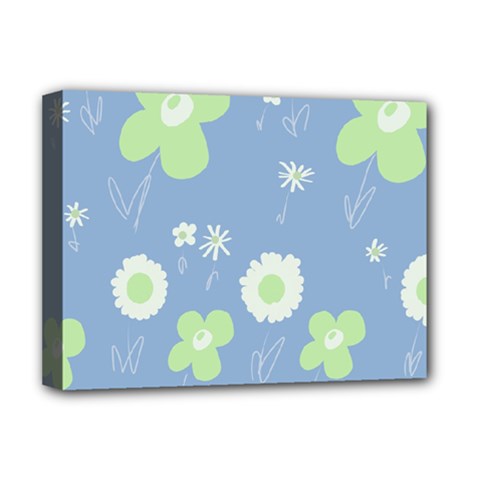 Daisy Flowers Pastel Green White Blue  Deluxe Canvas 16  X 12  (stretched)  by Mazipoodles