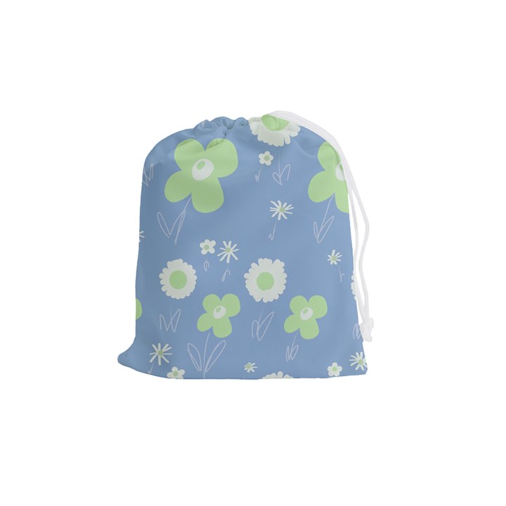 Daisy Flowers Pastel Green White Blue  Drawstring Pouch (Medium)