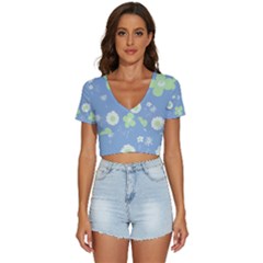 Daisy Flowers Pastel Green White Blue  V-neck Crop Top by Mazipoodles