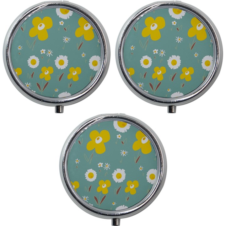 Daisy Flowers Yellow White Brown Sage Green  Mini Round Pill Box (Pack of 3)