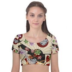 Orient Charm Velvet Short Sleeve Crop Top 