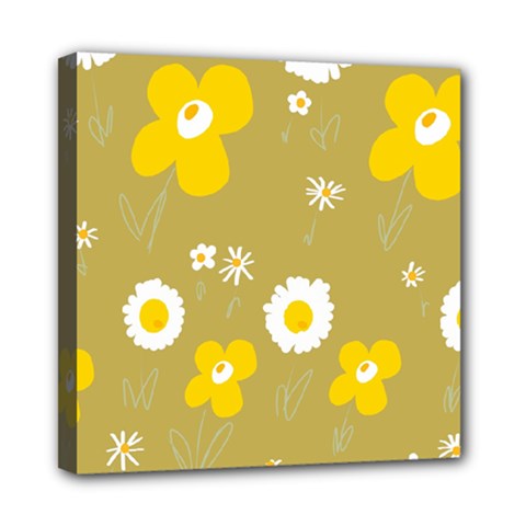 Daisy Flowers Yellow White Olive  Mini Canvas 8  X 8  (stretched) by Mazipoodles