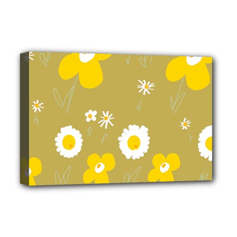 Daisy Flowers Yellow White Olive  Deluxe Canvas 18  X 12  (stretched) by Mazipoodles