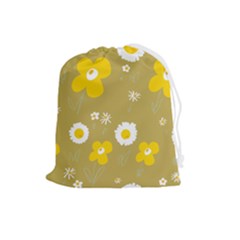 Daisy Flowers Yellow White Olive  Drawstring Pouch (large) by Mazipoodles