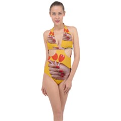 Valentine Day Lolly Candy Heart Halter Front Plunge Swimsuit by artworkshop