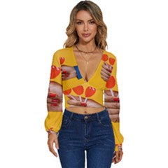 Valentine Day Lolly Candy Heart Long Sleeve Deep-v Velour Top