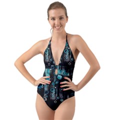 Falling Down Pattern Halter Cut-out One Piece Swimsuit by artworkshop