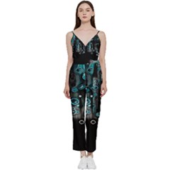 Falling Down Pattern V-neck Spaghetti Strap Tie Front Jumpsuit by artworkshop