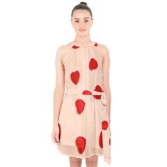 Valentine Day Pattern Logo Heart Halter Collar Waist Tie Chiffon Dress