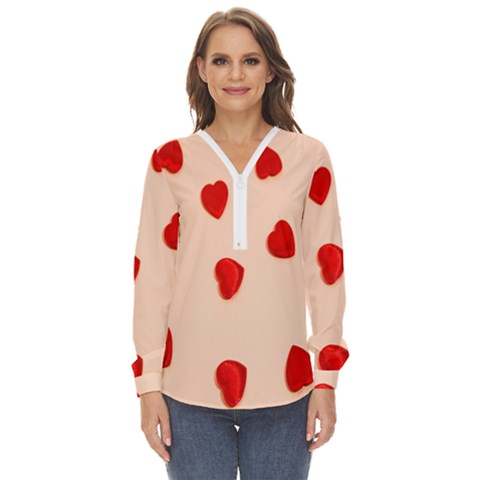 Valentine Day Pattern Logo Heart Zip Up Long Sleeve Blouse by artworkshop