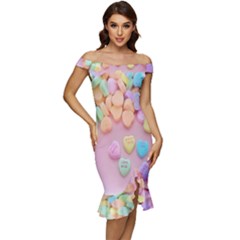 Valentine Day Heart Capsule Off Shoulder Ruffle Split Hem Bodycon Dress by artworkshop