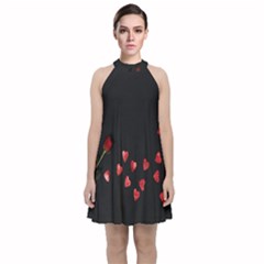 Valentine Day Heart Flower Velvet Halter Neckline Dress 