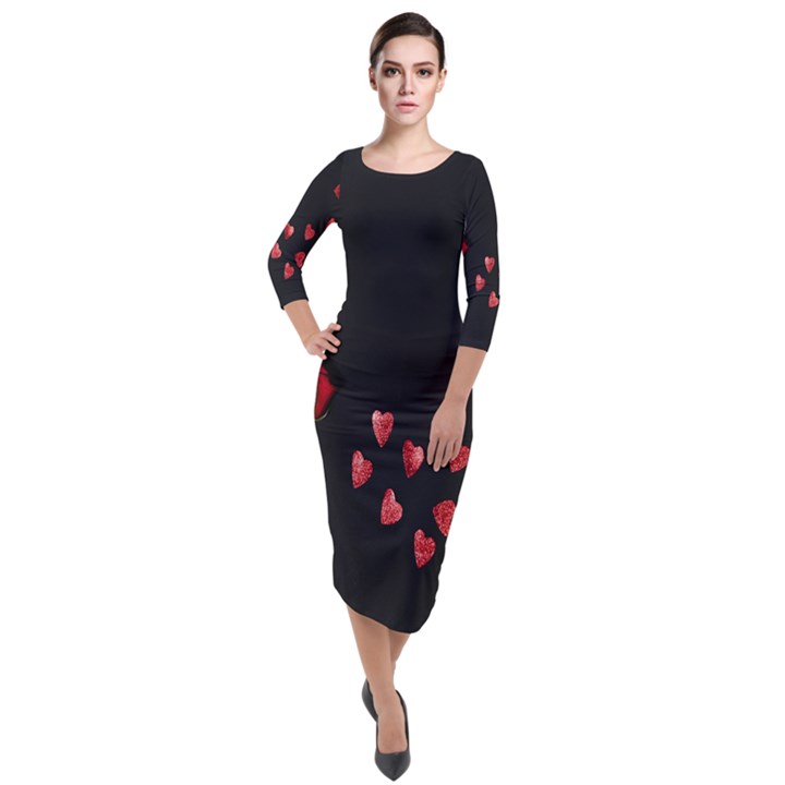 Valentine Day Heart Flower Quarter Sleeve Midi Velour Bodycon Dress